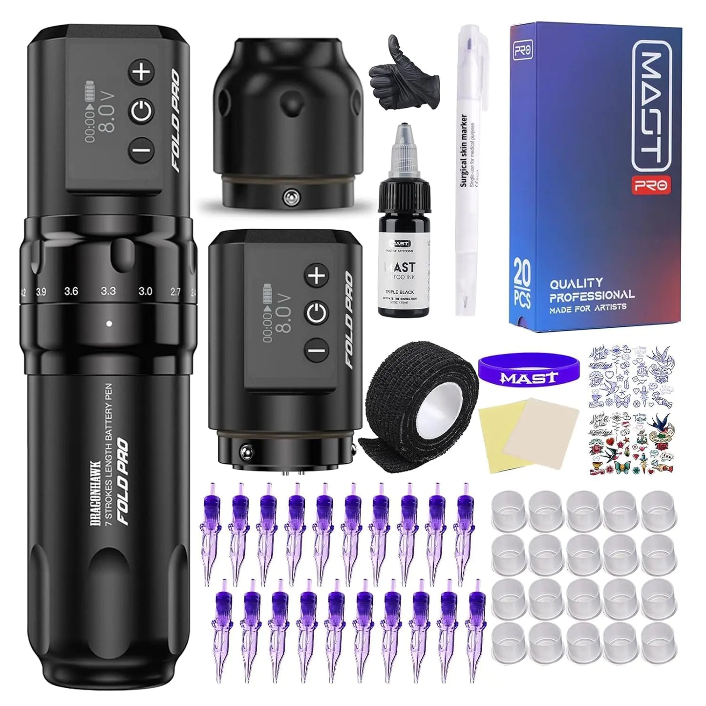 Mast Fold Pro Tattoo Pen Machine with 2 Batteries Complete Tattoo Kit Needles Cartridges