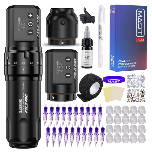 Mast Fold Pro Tattoo Pen Machine with 2 Batteries Complete Tattoo Kit Needles Cartridges